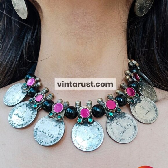 Vintage Coins Necklace With Earrings, Coins Jewelry Set With Glass Stones - Picture 3 of 11